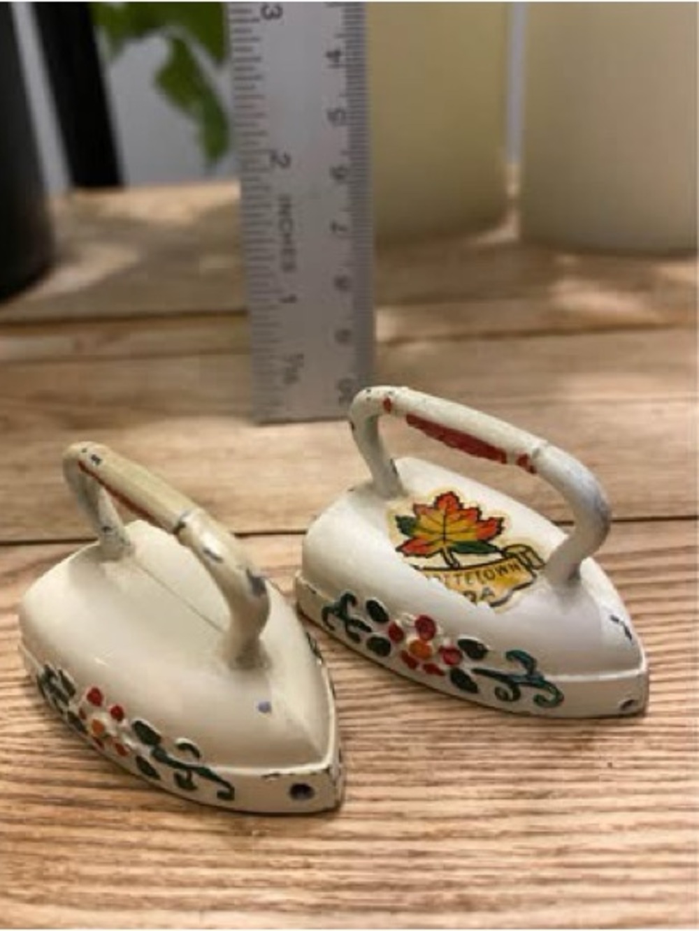 Vintage Miniature Metal Flat Iron Salt & Pepper Shakers Charlottetown PEI
